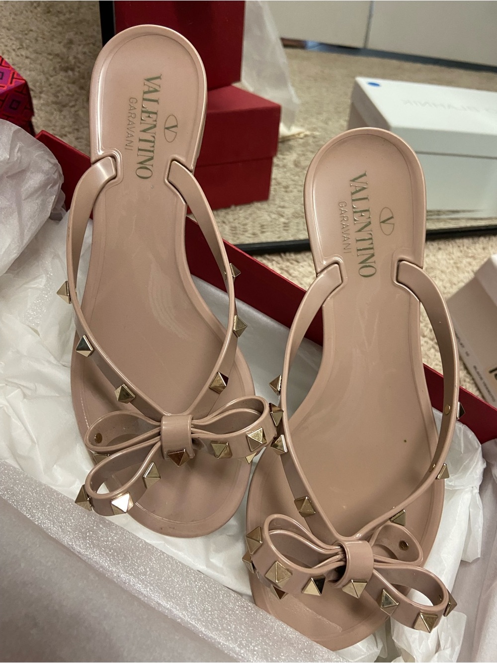 Valentino Garavani Nude Pink Bow Studded Jelly Sandals